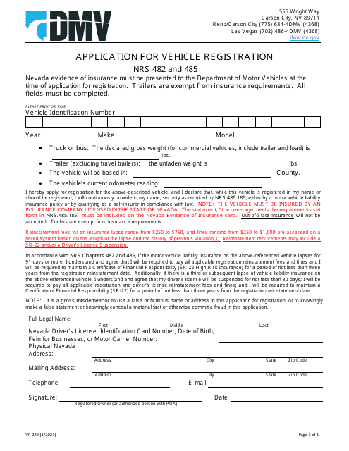 Form VP-222 Application for Vehicle Registration - Nevada