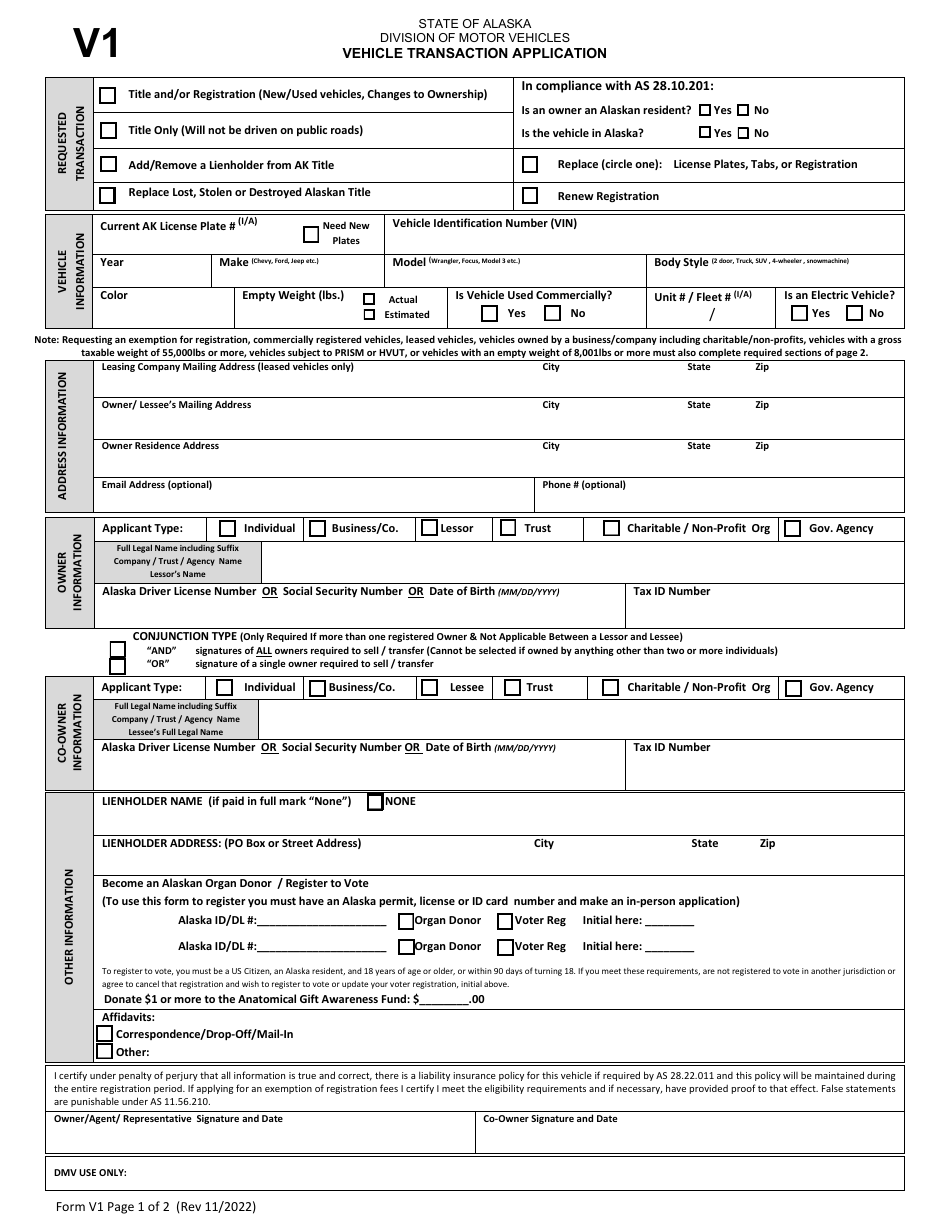 Form V1 Vehicle Transaction Application - Alaska, Page 1