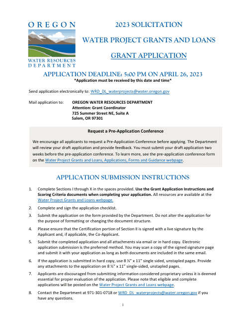 Water Project Grants and Loans - Grant Application - Oregon, 2023
