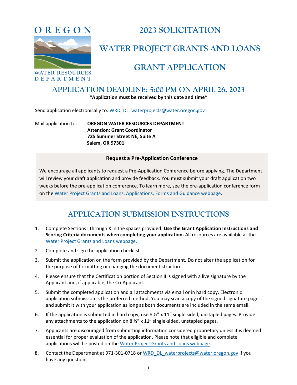 2023 Oregon Water Project Grants and Loans Grant Application Fill