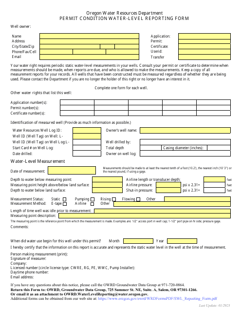 Permit Condition Water-Level Reporting Form - Oregon