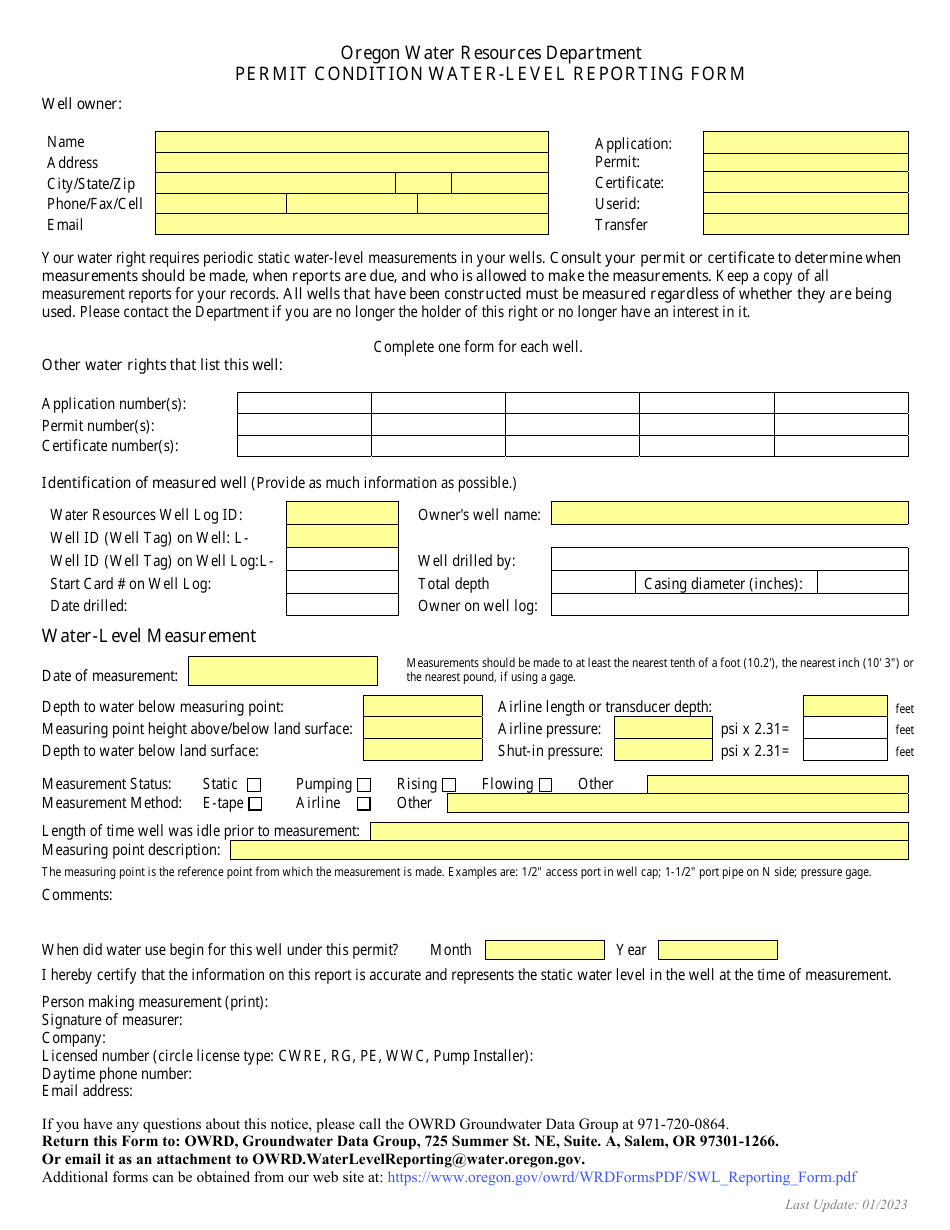 Oregon Permit Condition WaterLevel Reporting Form Download Fillable
