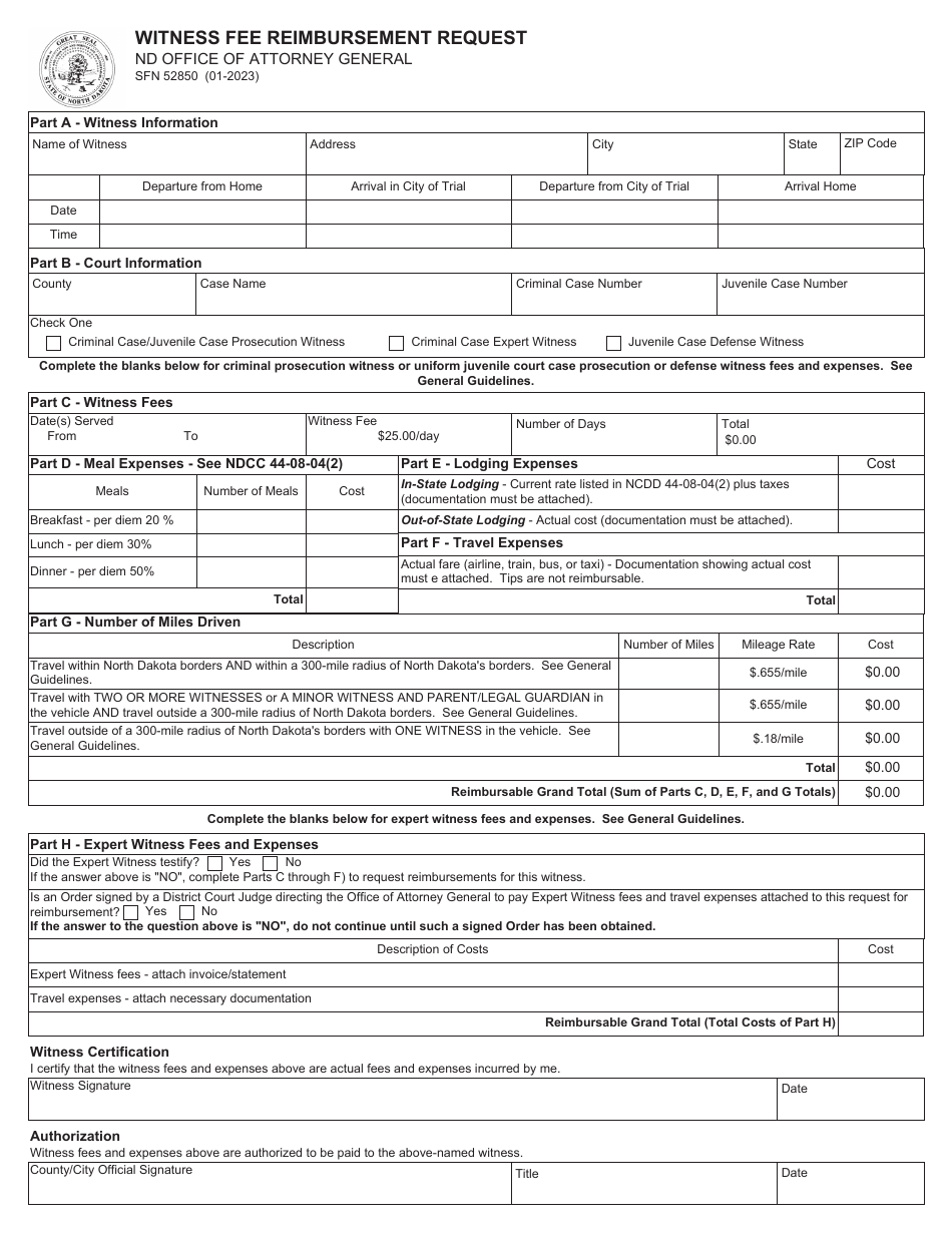 Form SFN52850 Witness Fee Reimbursement Request - North Dakota, Page 1