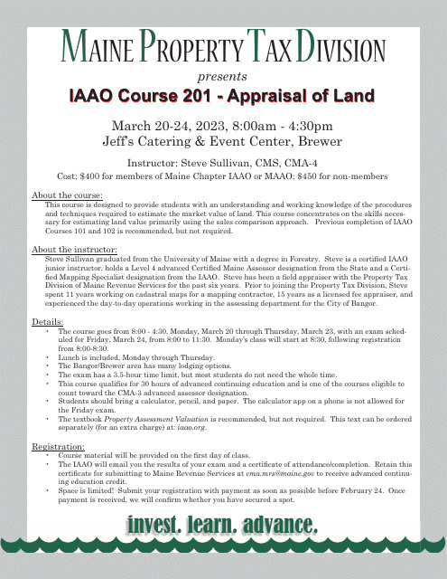 Iaao Course 201 - Appraisal of Land Registration Application - Maine, 2023