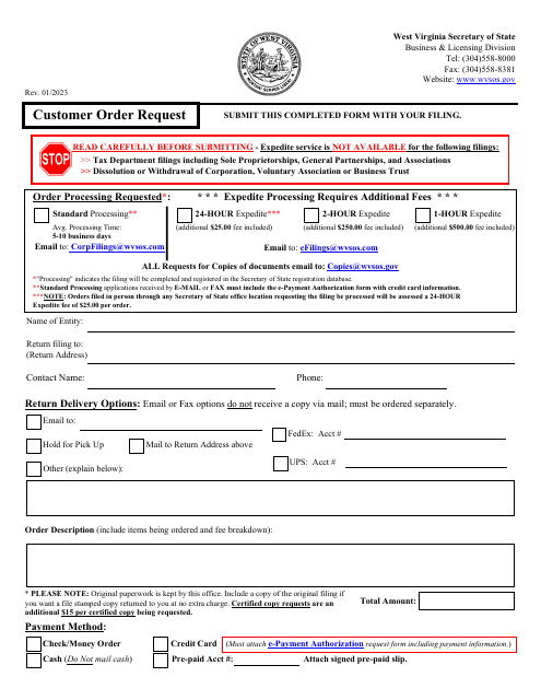 Customer Order Request With Expedite Guidelines - West Virginia Download Pdf