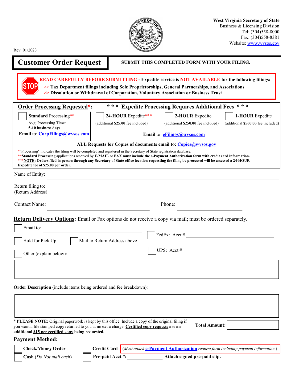 West Virginia Customer Order Request With Expedite Guidelines Fill