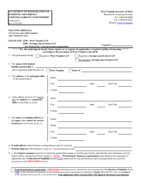 Form LLP-1 Statement of Registration of Domestic or Foreign Limited Liability Partnership - West Virginia