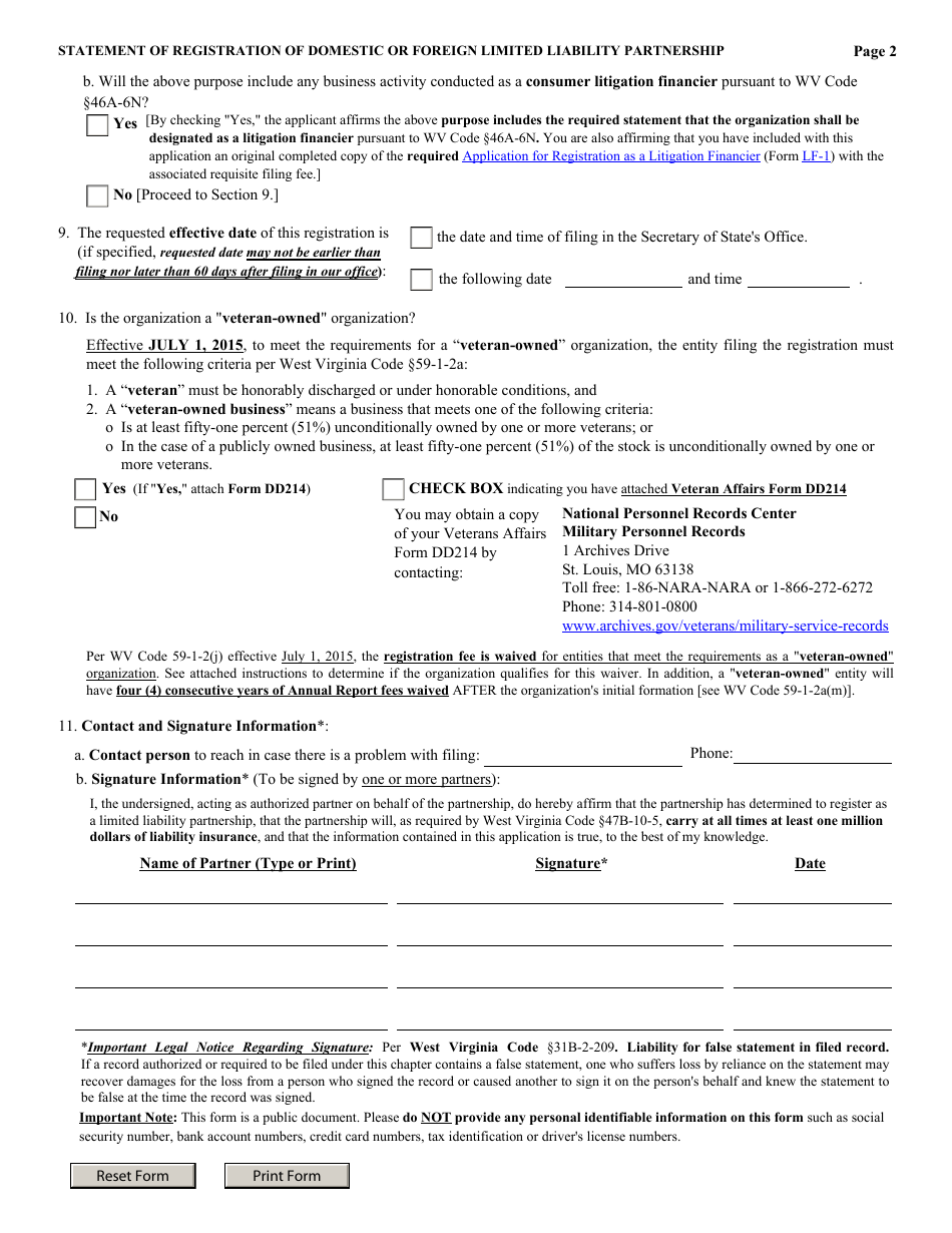 Form LLP-1 Statement of Registration of Domestic or Foreign Limited Liability Partnership - West Virginia, Page 2