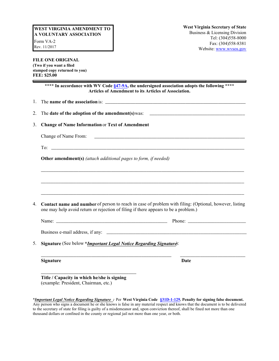 Form VA-2 West Virginia Amendment to a Voluntary Association - West Virginia, Page 1