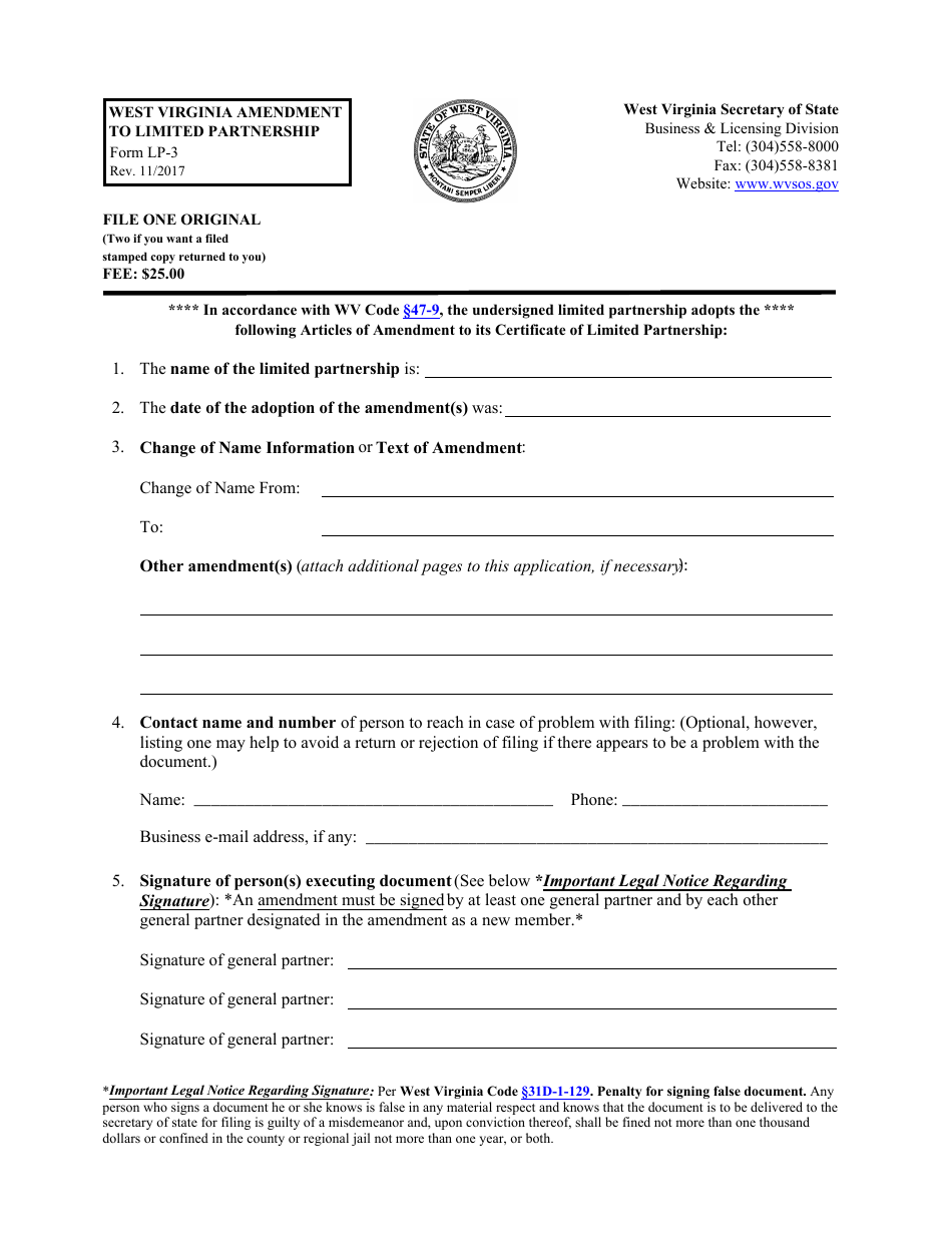 Form LP-3 West Virginia Amendment to Limited Partnership - West Virginia, Page 1