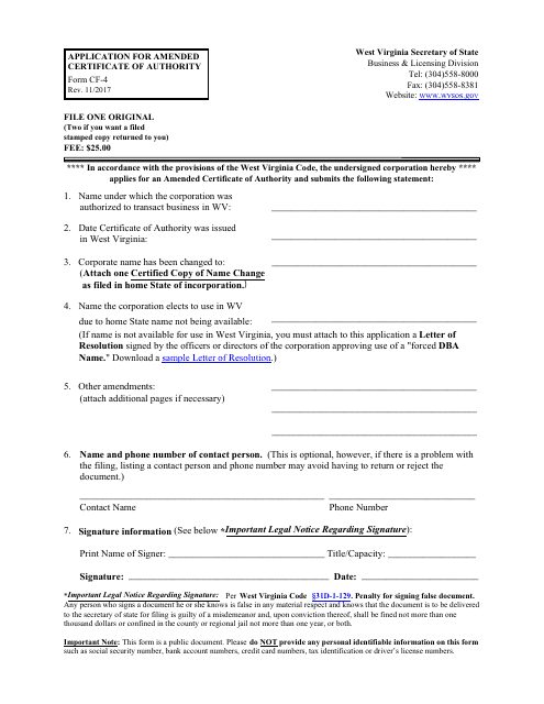 Form CF-4 Application for Amended Certificate of Authority - West Virginia