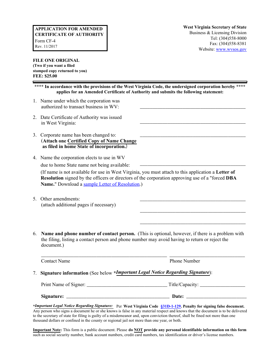 Form CF-4 Application for Amended Certificate of Authority - West Virginia, Page 1