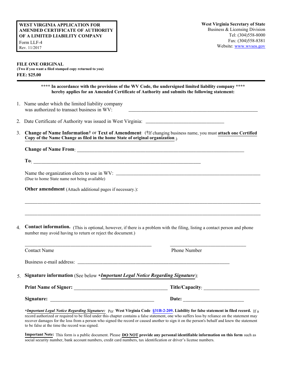 Form LLF-4 - Fill Out, Sign Online and Download Fillable PDF, West ...