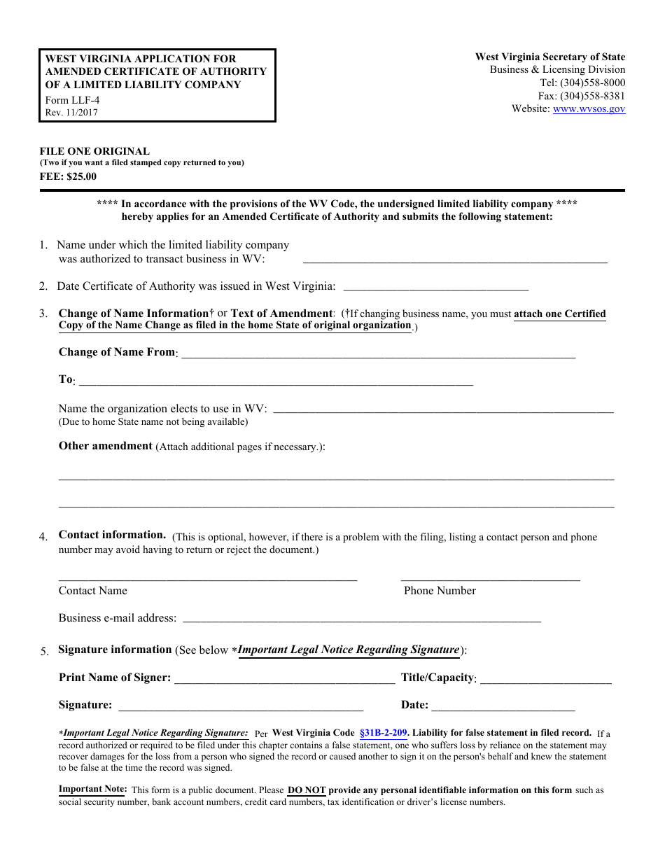 Form LLF-4 West Virginia Application for Amended Certificate of Authority of a Limited Liability Company - West Virginia, Page 1
