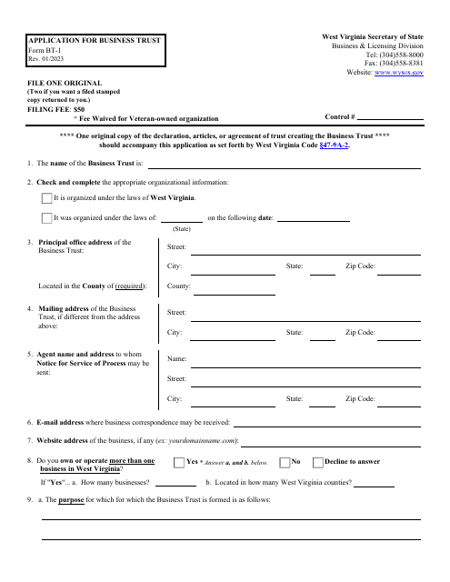 Form BT-1 Application for Business Trust - West Virginia