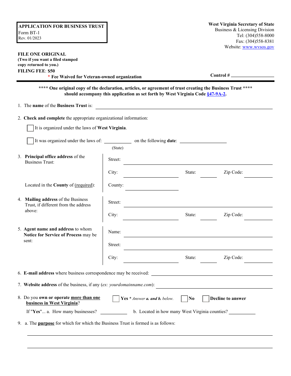 Form BT-1 Application for Business Trust - West Virginia, Page 1