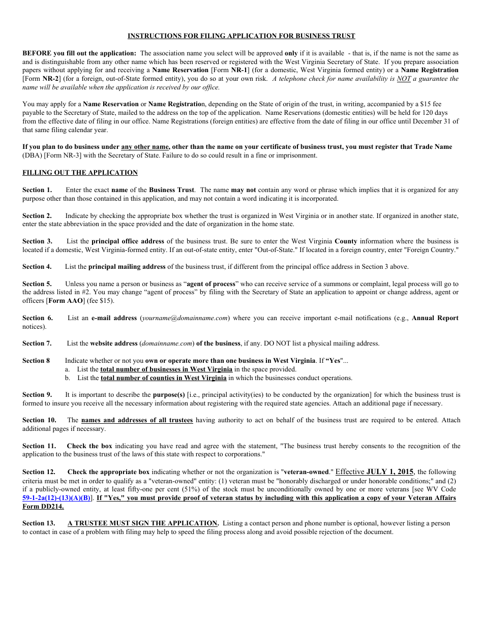 Form BT-1 Application for Business Trust - West Virginia, Page 3