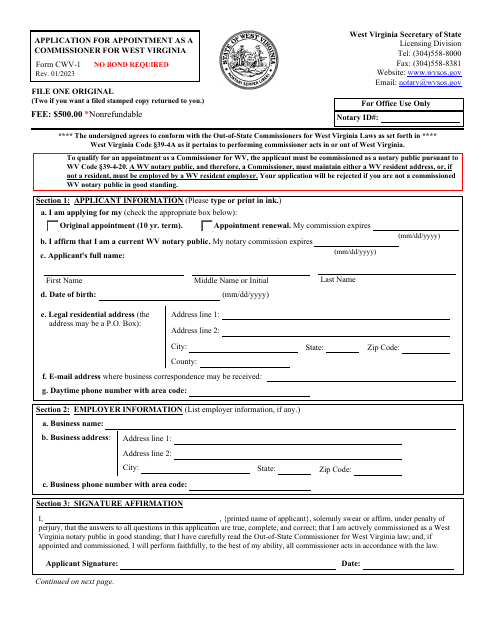 Form CWV-1 Application for Appointment as a Commissioner for West Virginia - West Virginia