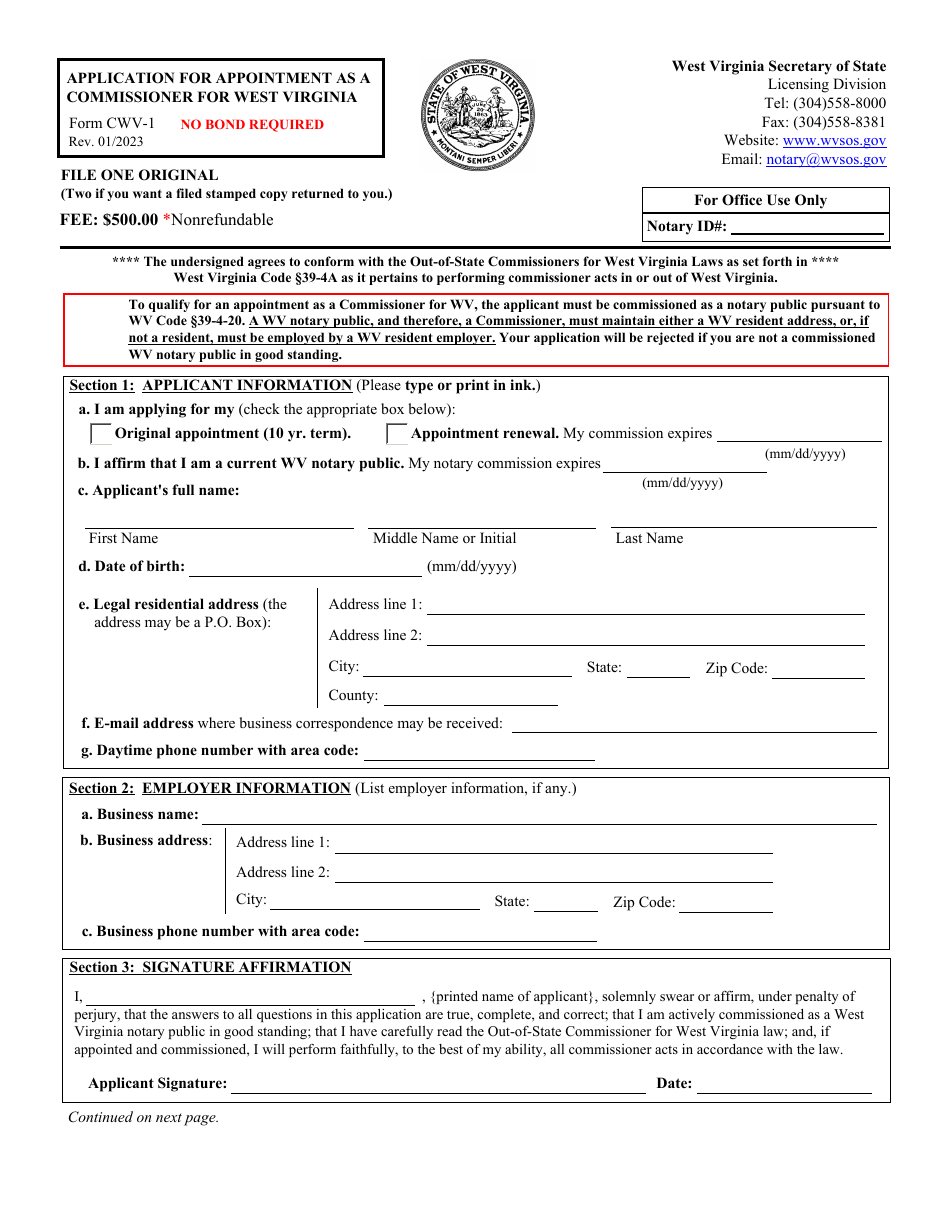 Form CWV-1 Application for Appointment as a Commissioner for West Virginia - West Virginia, Page 1