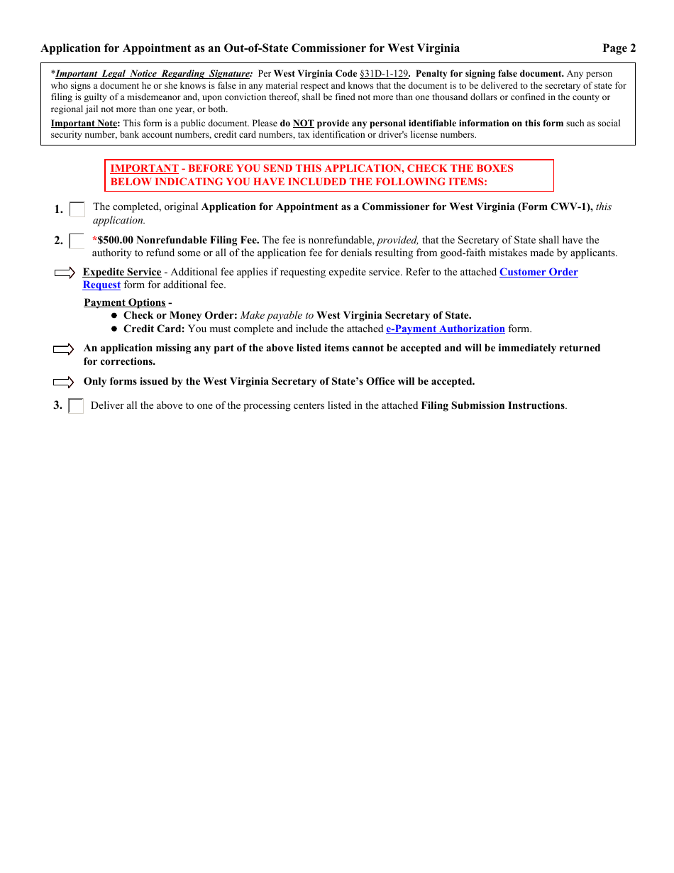Form CWV-1 Application for Appointment as a Commissioner for West Virginia - West Virginia, Page 2