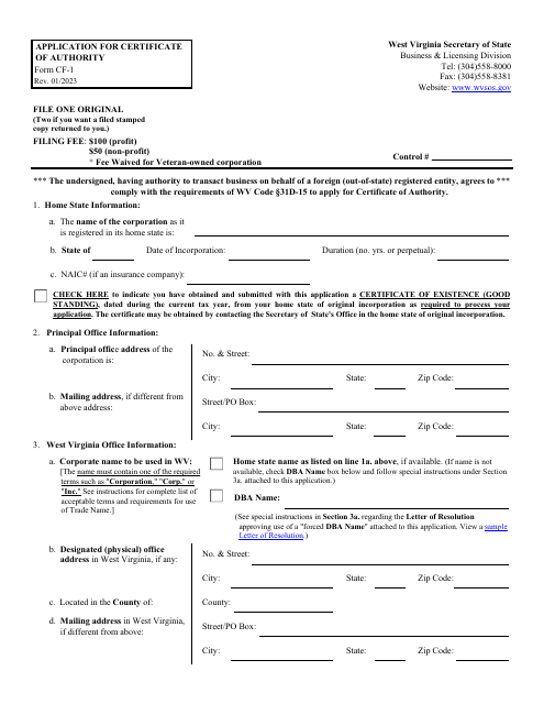Form CF-1 Application for Certificate of Authority - West Virginia