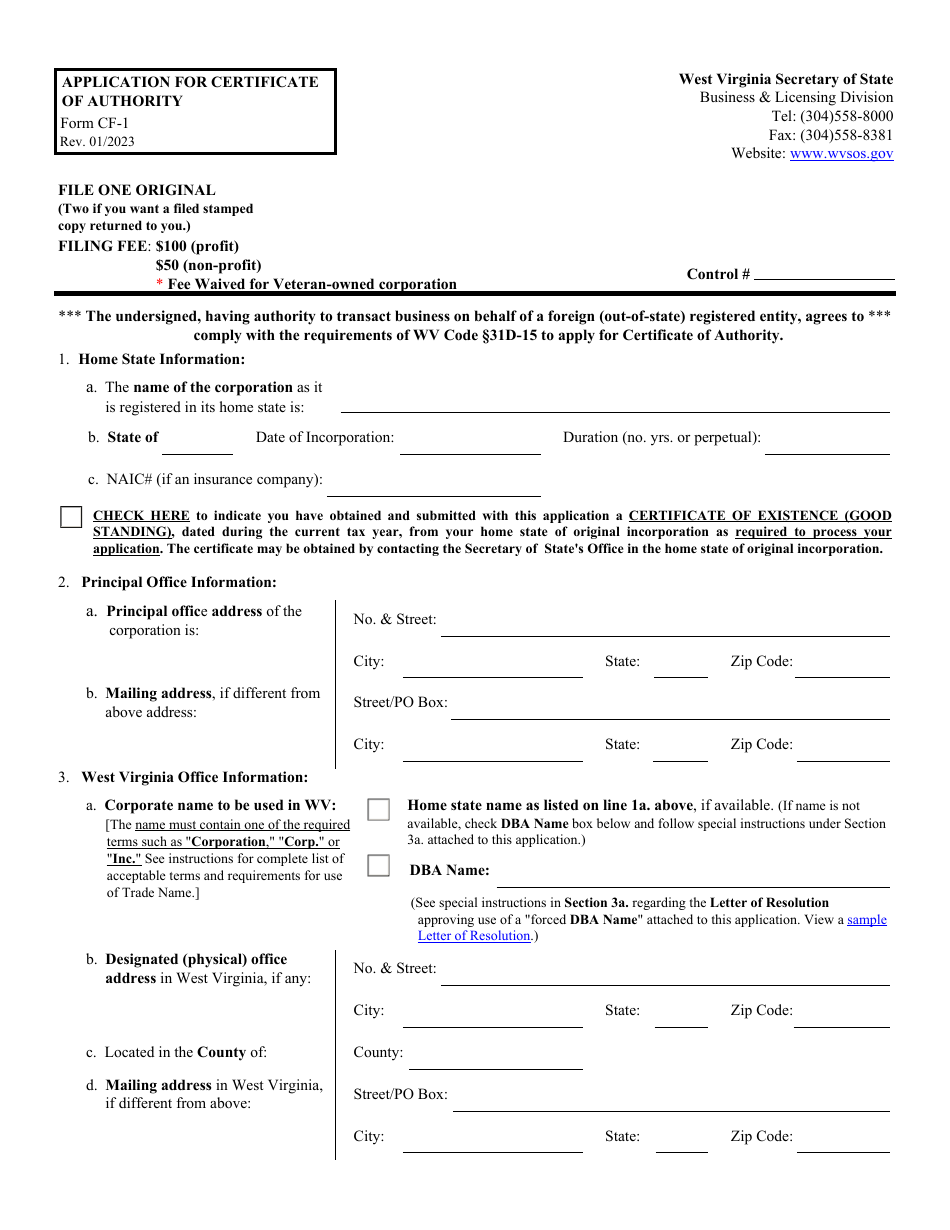 Form CF-1 Application for Certificate of Authority - West Virginia, Page 1