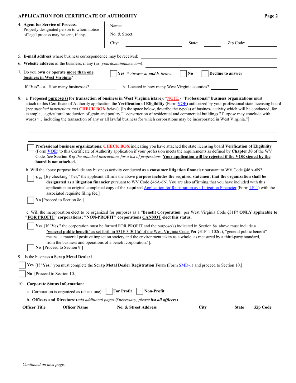 Form CF-1 Application for Certificate of Authority - West Virginia, Page 2