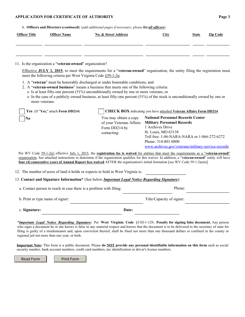 Form CF-1 Application for Certificate of Authority - West Virginia, Page 3