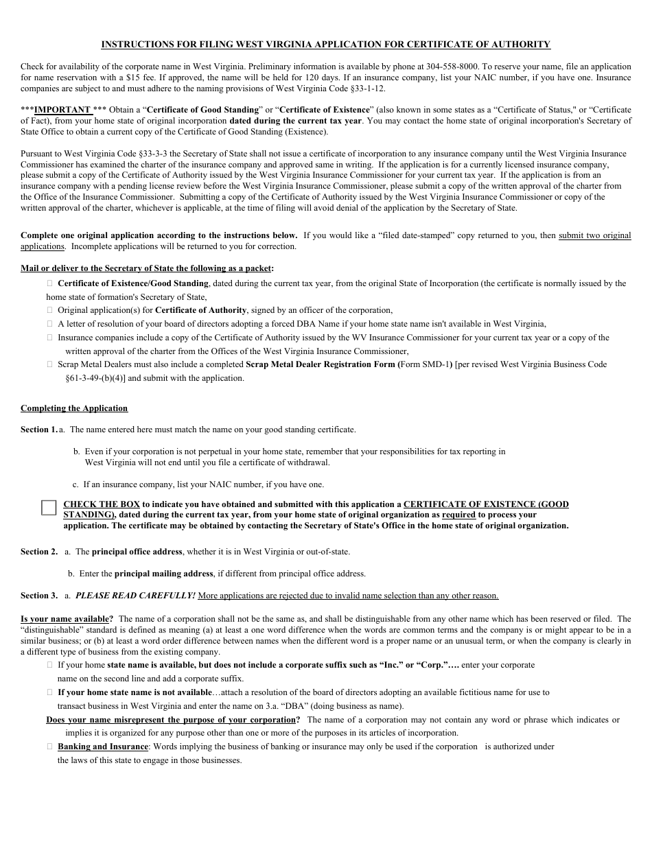 Form CF-1 Application for Certificate of Authority - West Virginia, Page 4