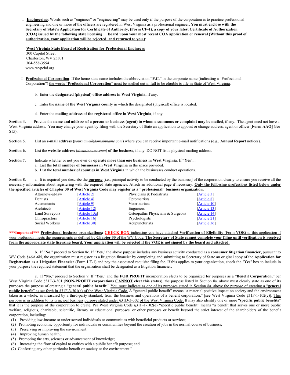 Form CF-1 Application for Certificate of Authority - West Virginia, Page 5