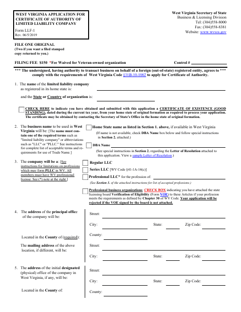 Form LLF-1 West Virginia Application for Certificate of Authority of Limited Liability Company - West Virginia