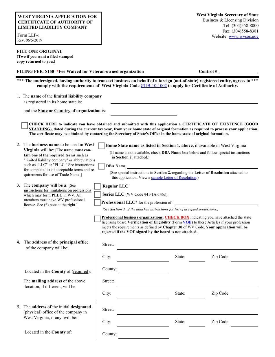 Form LLF-1 West Virginia Application for Certificate of Authority of Limited Liability Company - West Virginia, Page 1