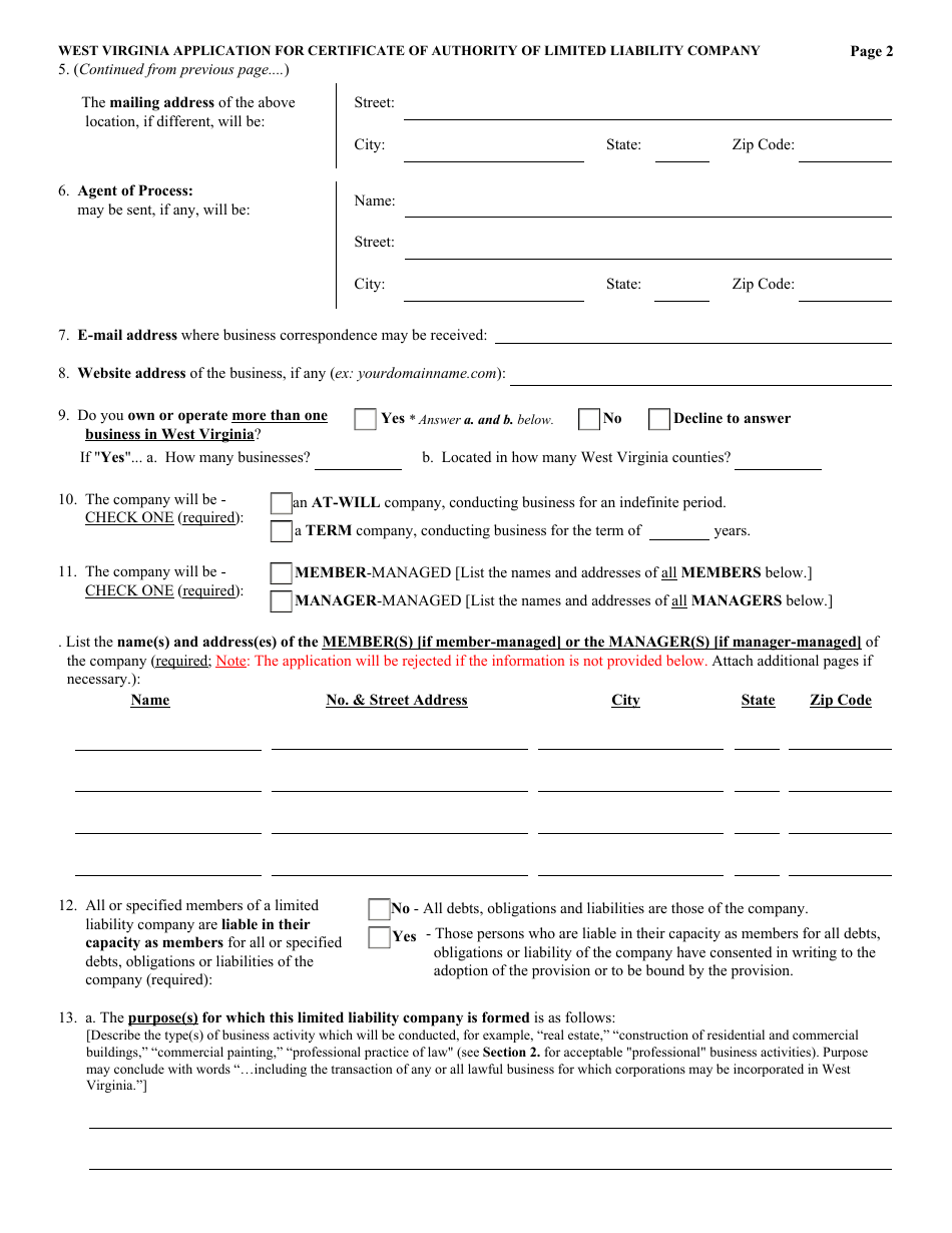 Form LLF-1 West Virginia Application for Certificate of Authority of Limited Liability Company - West Virginia, Page 2