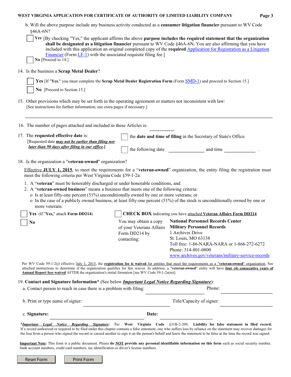 Form LLF-1 West Virginia Application for Certificate of Authority of Limited Liability Company - West Virginia, Page 3