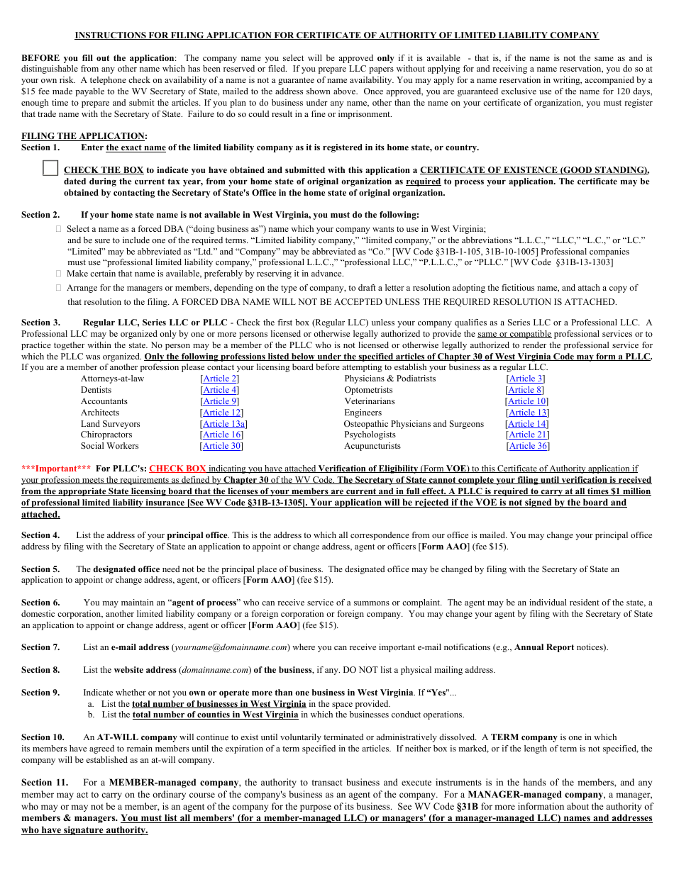 Form LLF-1 West Virginia Application for Certificate of Authority of Limited Liability Company - West Virginia, Page 4