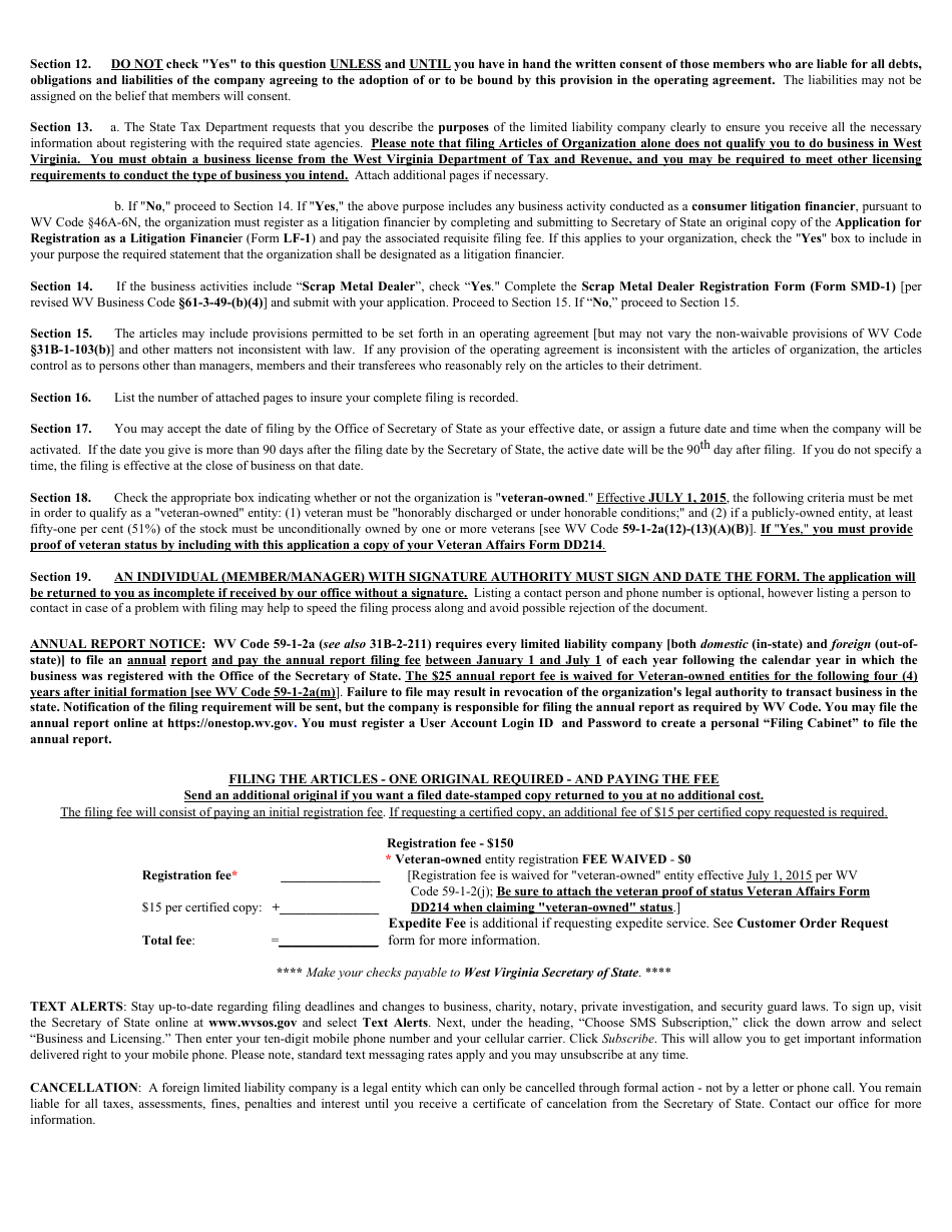 Form LLF-1 West Virginia Application for Certificate of Authority of Limited Liability Company - West Virginia, Page 5