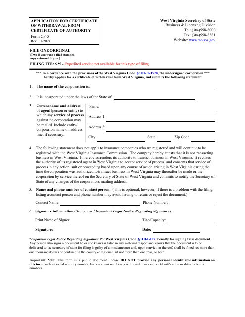 Form CF-5 Application for Certificate of Withdrawal From Certificate of Authority - West Virginia