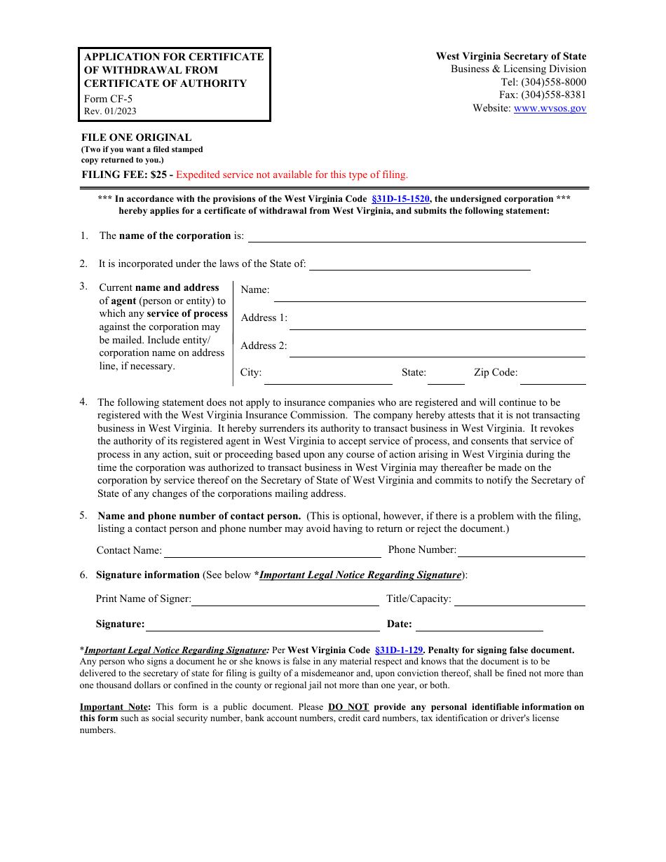 Form CF-5 Application for Certificate of Withdrawal From Certificate of Authority - West Virginia, Page 1