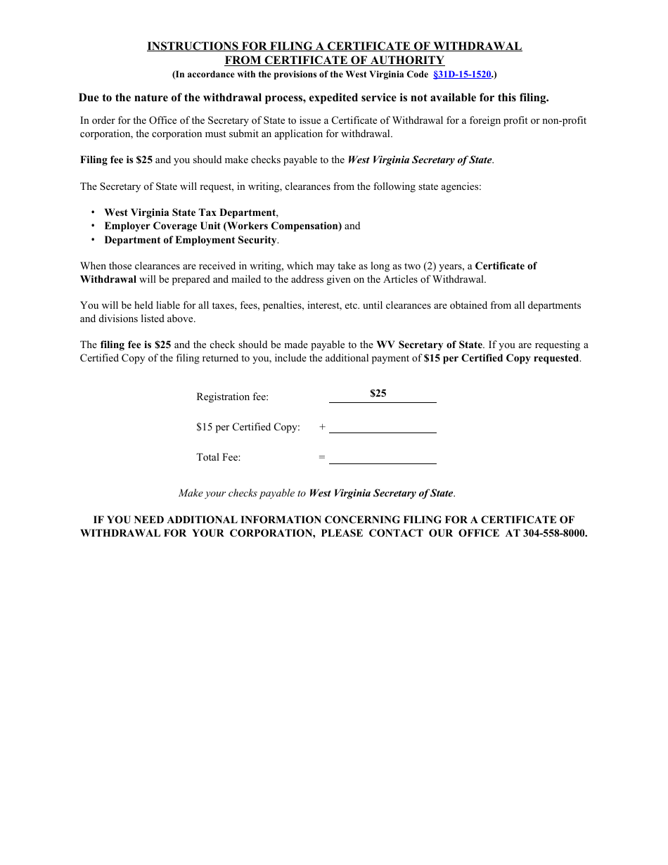 Form CF-5 Application for Certificate of Withdrawal From Certificate of Authority - West Virginia, Page 2
