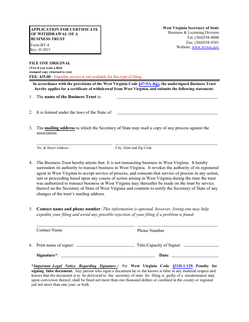 Form BT-4 Application for Certificate of Withdrawal of a Business Trust - West Virginia