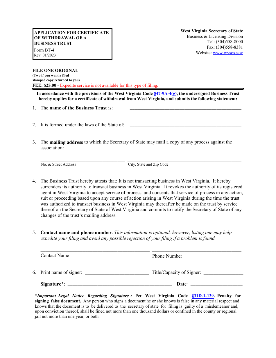Form BT-4 Application for Certificate of Withdrawal of a Business Trust - West Virginia, Page 1