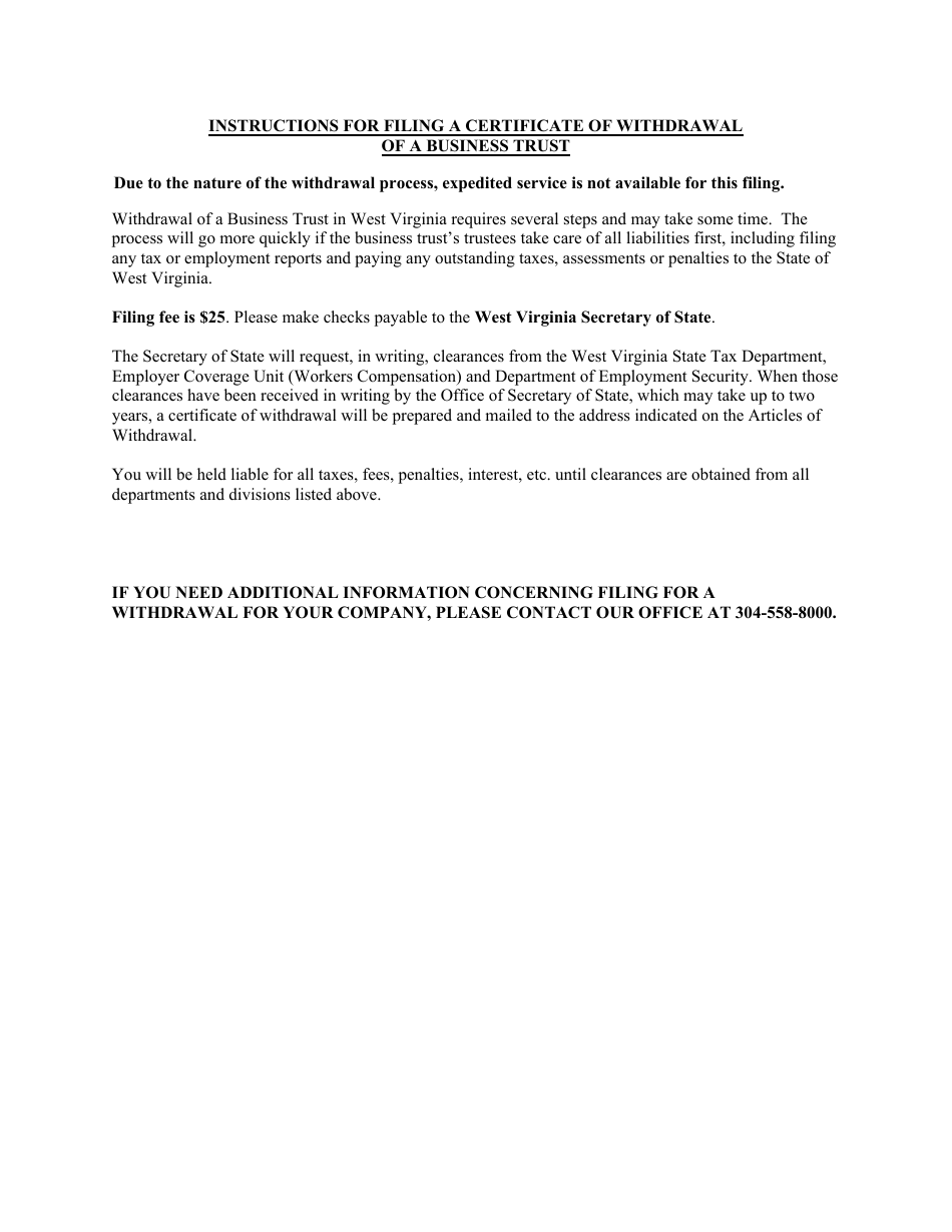 Form BT-4 Application for Certificate of Withdrawal of a Business Trust - West Virginia, Page 2