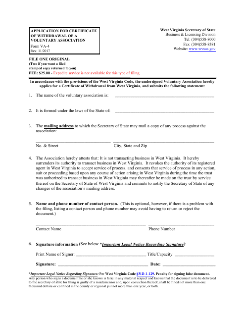 Form VA-4 Application for Certificate of Withdrawal of a Voluntary Association - West Virginia
