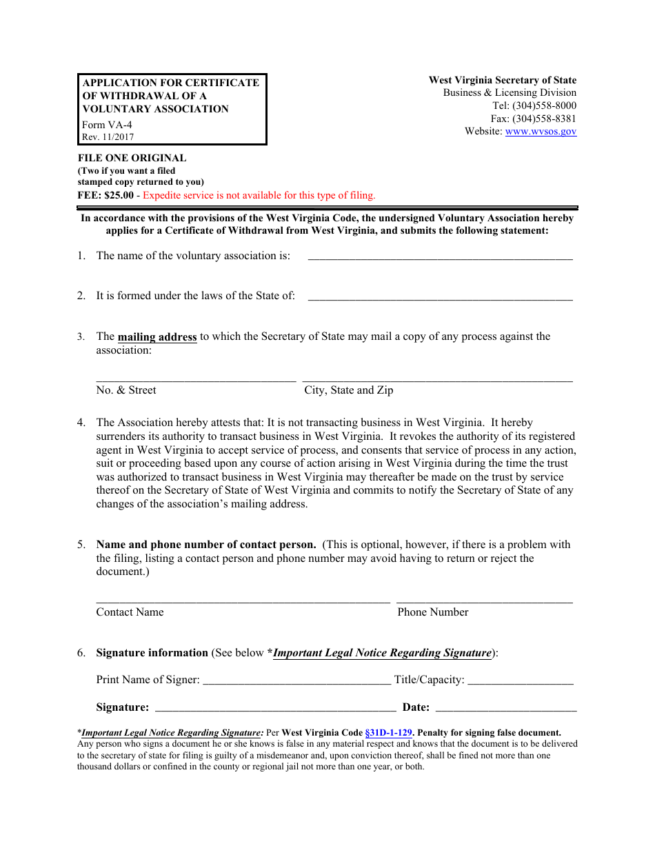 Form VA-4 Application for Certificate of Withdrawal of a Voluntary Association - West Virginia, Page 1