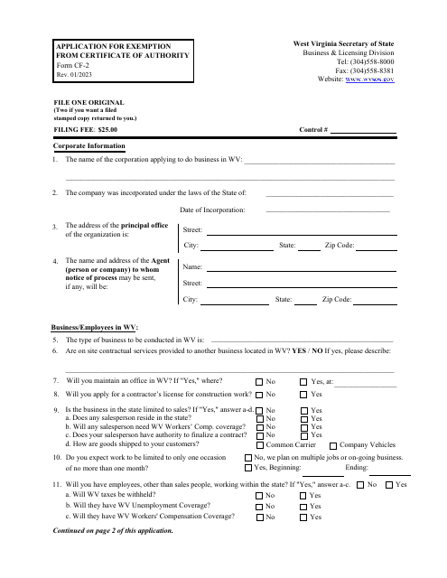 Form CF-2 Application for Exemption From Certificate of Authority - West Virginia