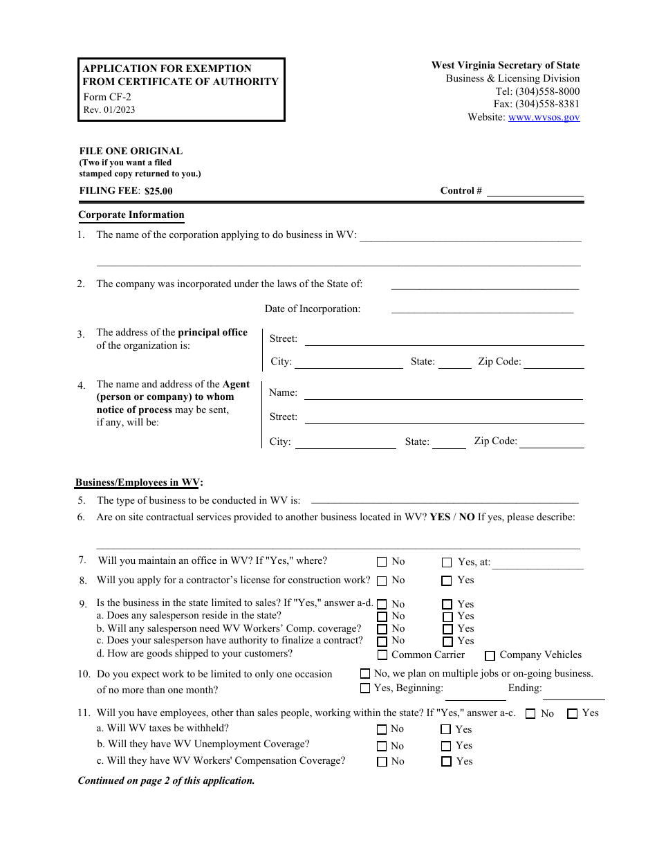 Form CF-2 Application for Exemption From Certificate of Authority - West Virginia, Page 1