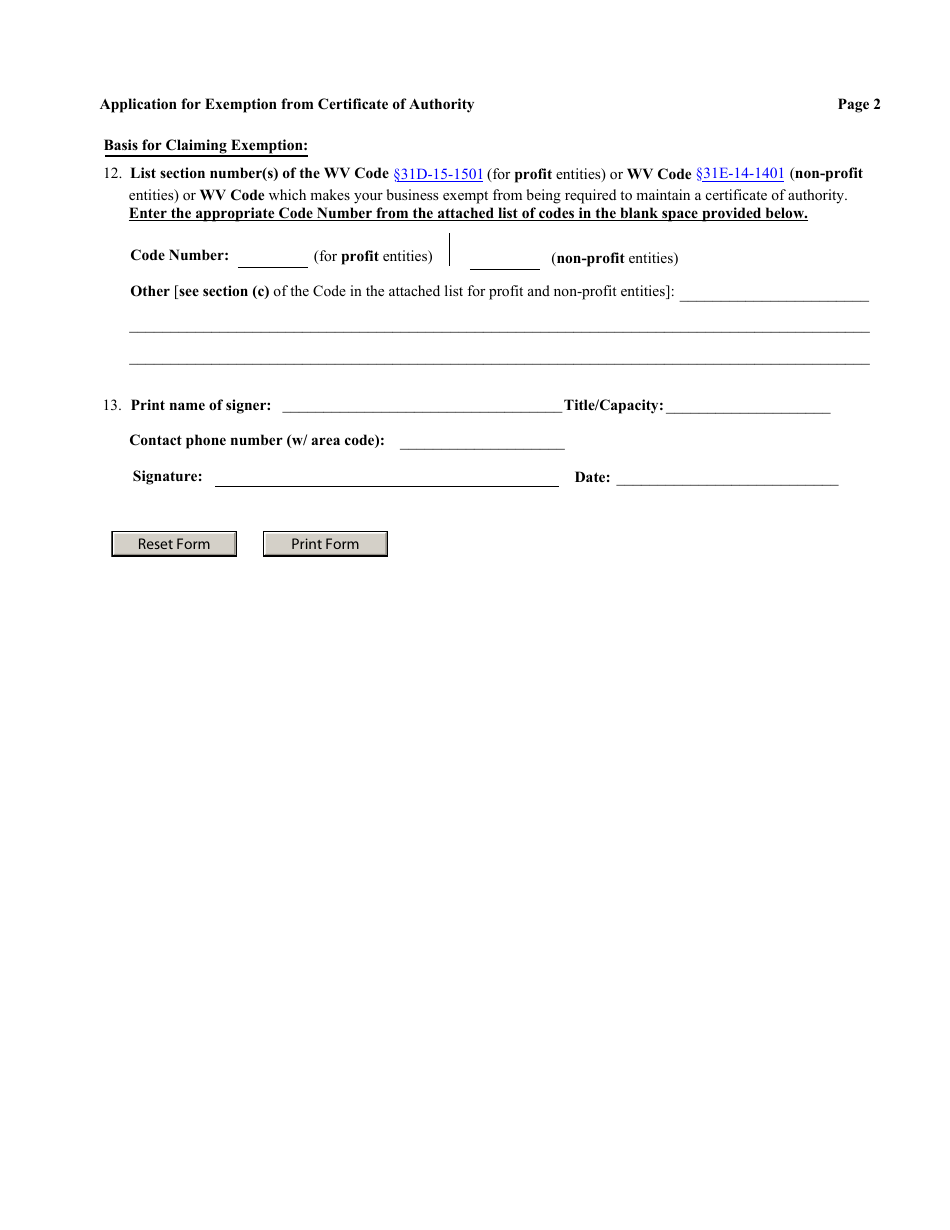 Form CF-2 Application for Exemption From Certificate of Authority - West Virginia, Page 2
