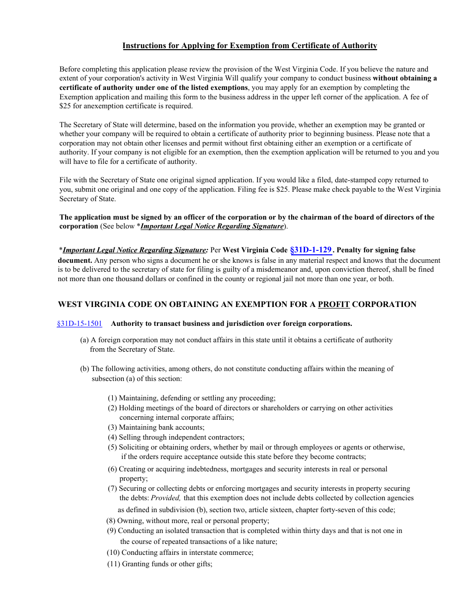 Form CF-2 Application for Exemption From Certificate of Authority - West Virginia, Page 3