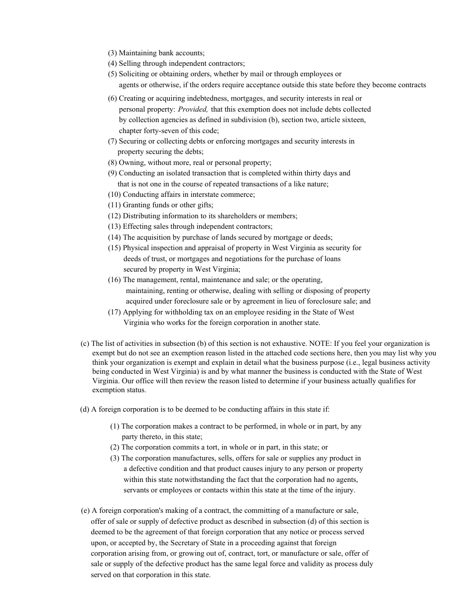 Form CF-2 Application for Exemption From Certificate of Authority - West Virginia, Page 5