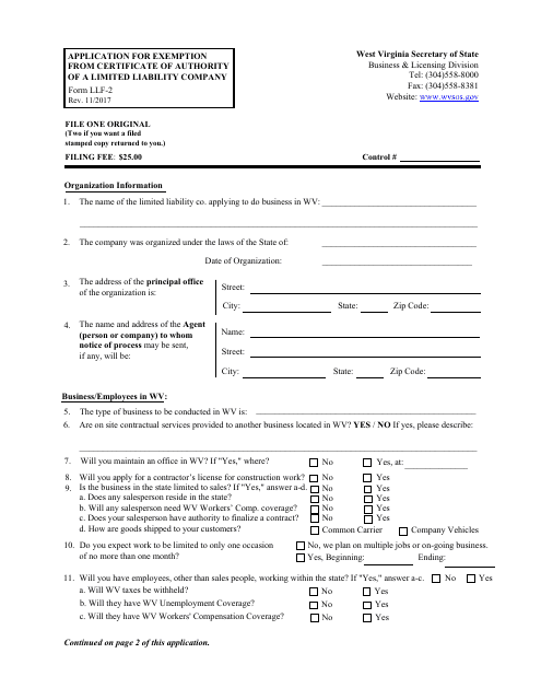 Form LLF-2 Application for Exemption From Certificate of Authority of a Limited Liability Company - West Virginia
